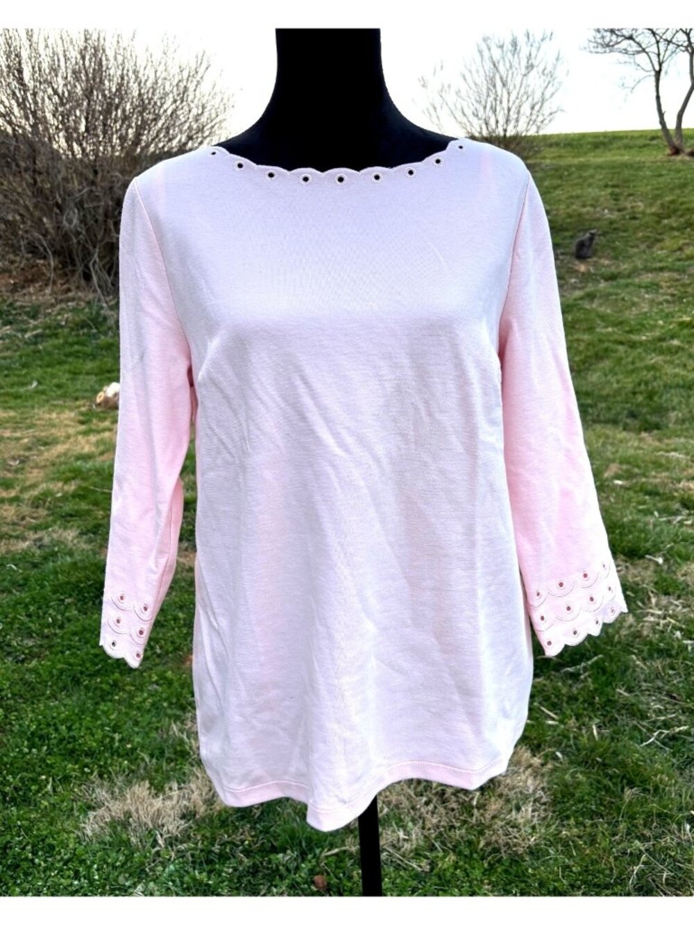 Talbots LG/P Pink Top Eyelet Scallop Trim 3/4 Sleeve Lightweight Career Casual